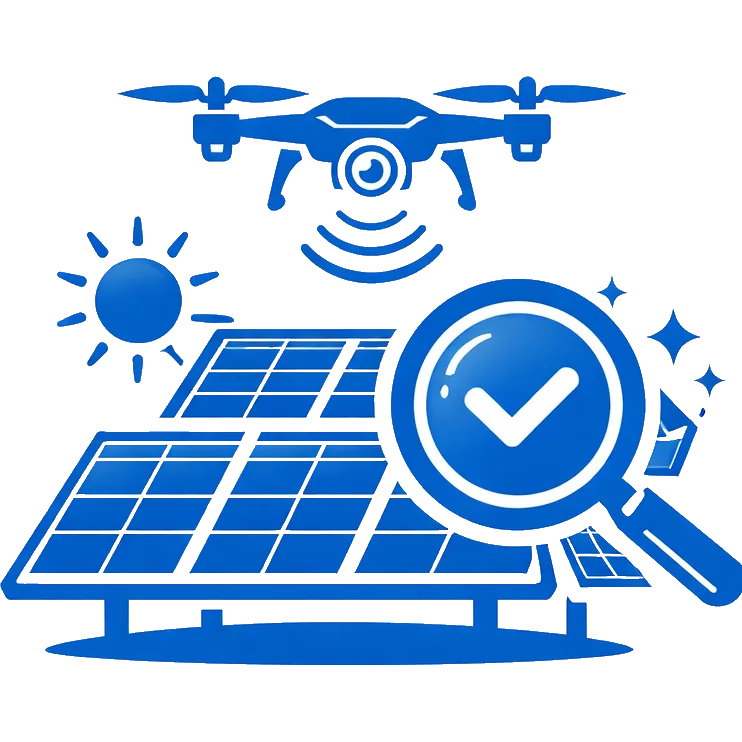 Ilustracja inspekcji paneli fotowoltaicznych z wykorzystaniem drona – kontrola techniczna instalacji PV